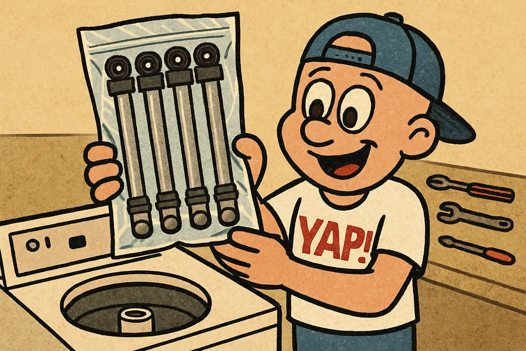 A pair of hands holding a brand-new set of four LG suspension rods (part ACQ8819