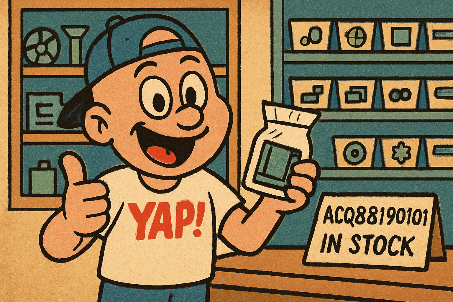 A cartoon scene of the inside of a cheerful, well-lit appliance parts shop count
