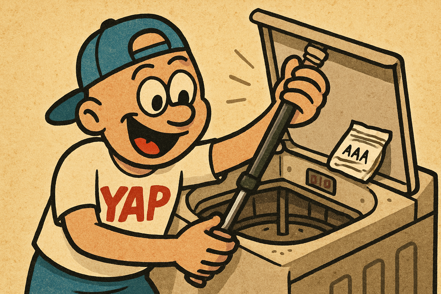 A cartoon action scene showing a pair of hands snapping a brand-new suspension r