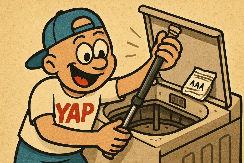 A cartoon action scene showing a pair of hands snapping a brand-new suspension r