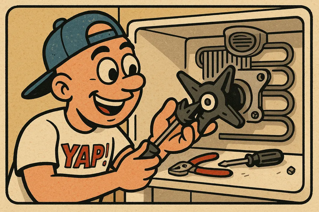 A cartoon action scene of a person in the middle of installing a new evaporator 