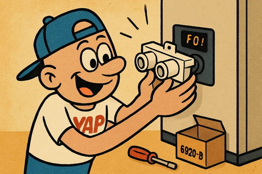 A cartoon scene of a pair of hands confidently installing a brand-new white plas