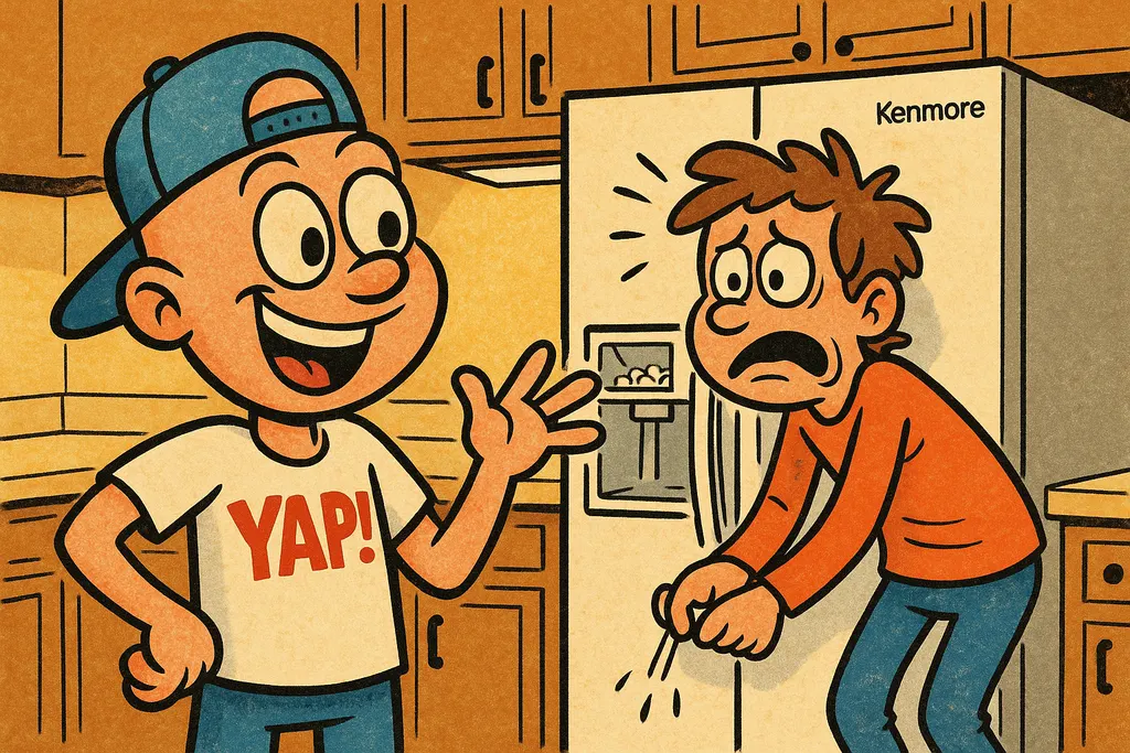 A frustrated person standing in front of an open Kenmore side-by-side refrigerat