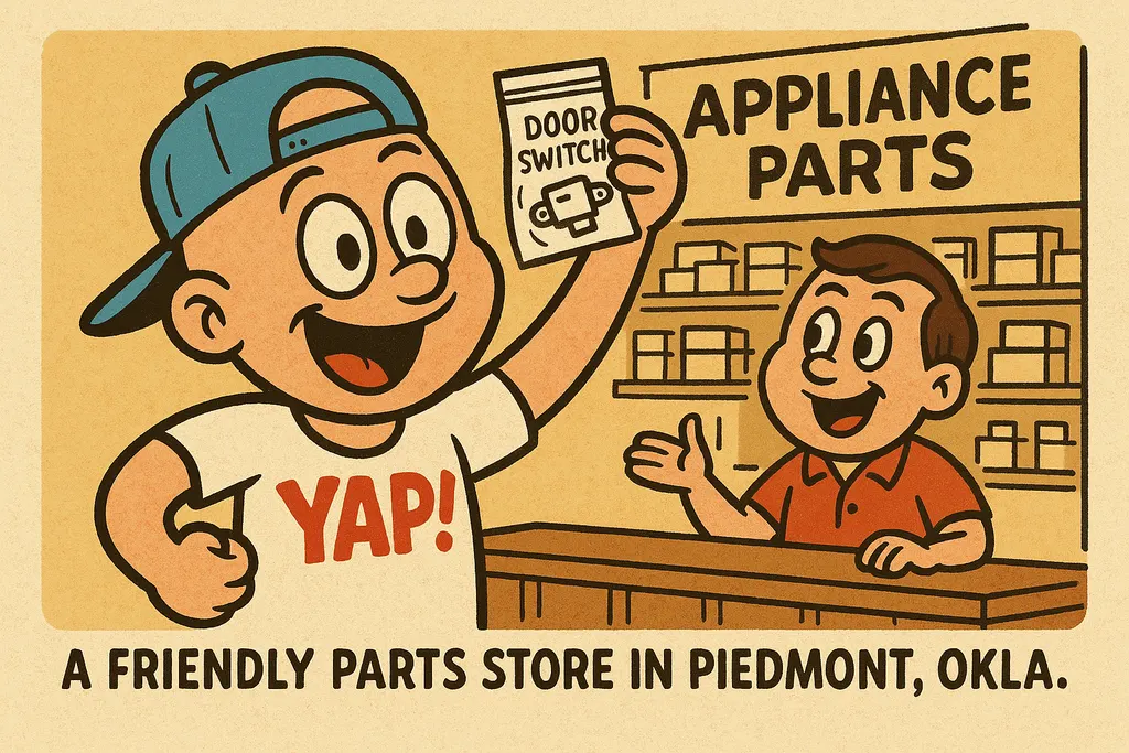 A cartoon scene of a happy customer at a friendly parts store counter in Piedmon