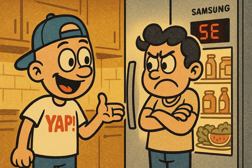 A frustrated person standing in front of an open Samsung side-by-side refrigerat