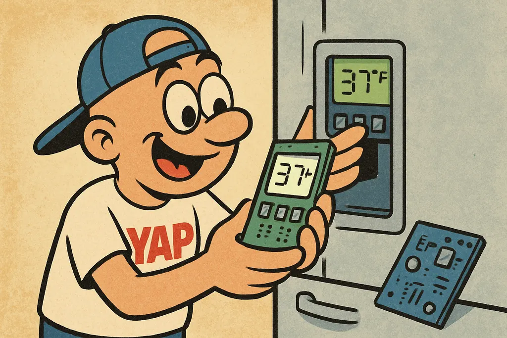 A cartoon scene of two hands carefully snapping a brand-new display control boar