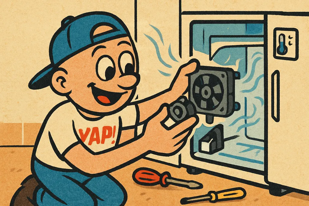 A cartoon action shot of hands installing a new part into the back of a refriger