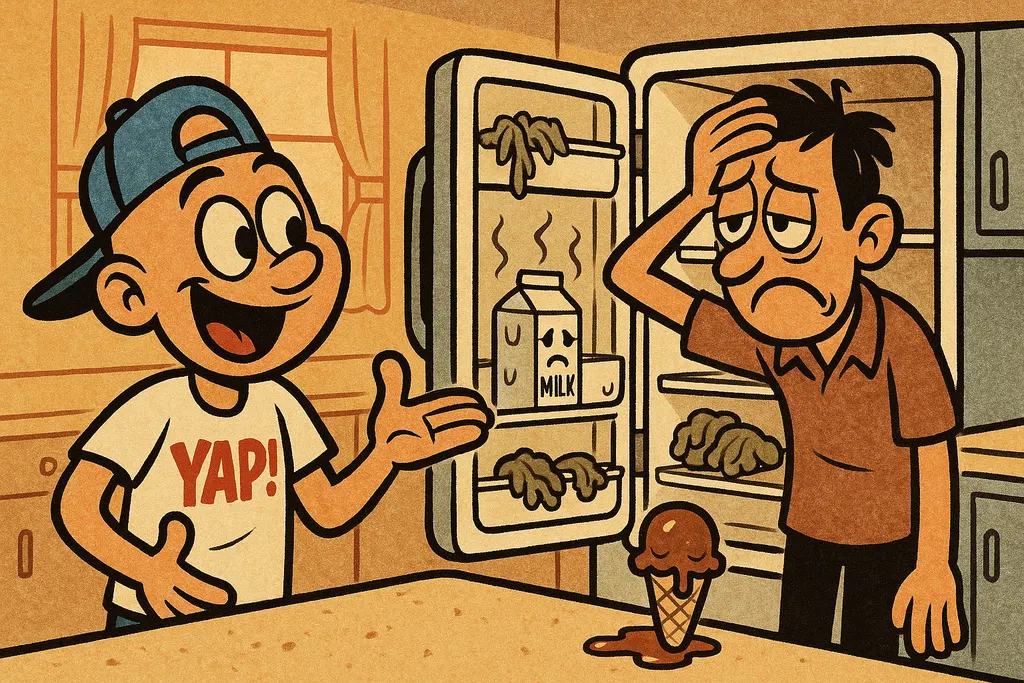 A frustrated homeowner standing in front of an open refrigerator with warm, wilt