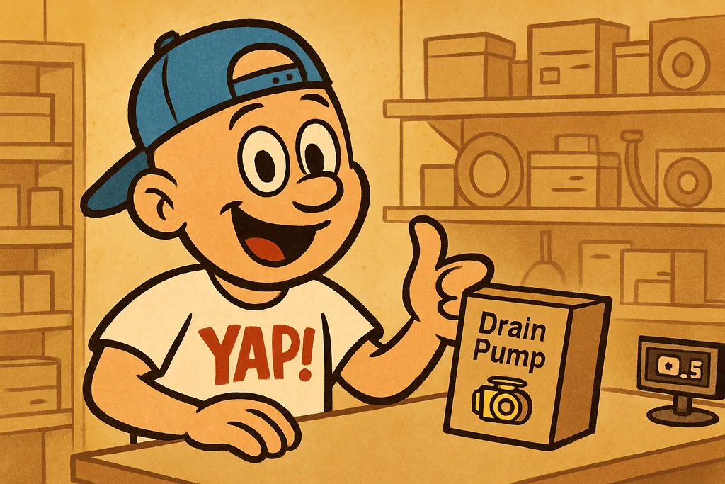 A cheerful scene inside a small-town appliance parts shop counter, with a happy 