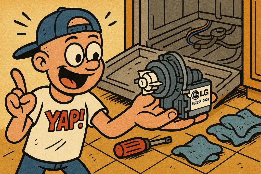 A vivid action scene of a pair of hands holding a brand-new LG drain pump — part