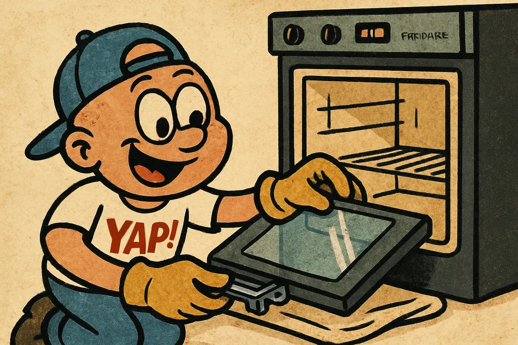 A pair of hands (wearing work gloves) carefully sliding a new oven door hinge in