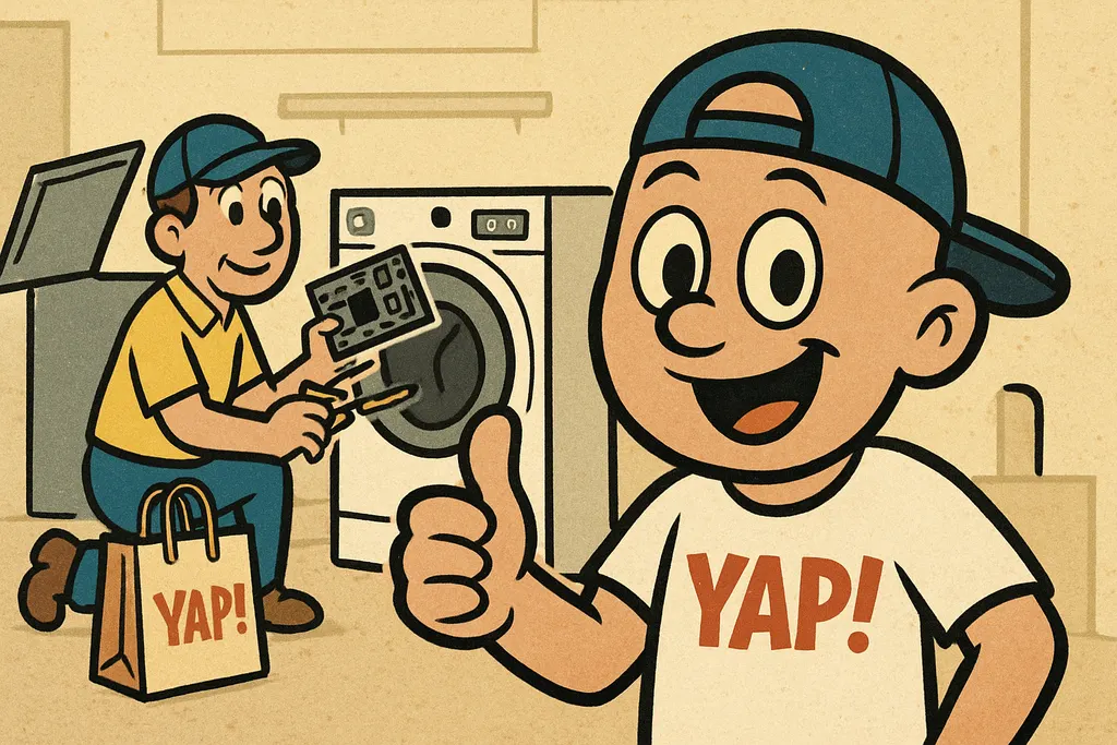 A cartoon scene of a person kneeling behind a GE front-load washer in a laundry 