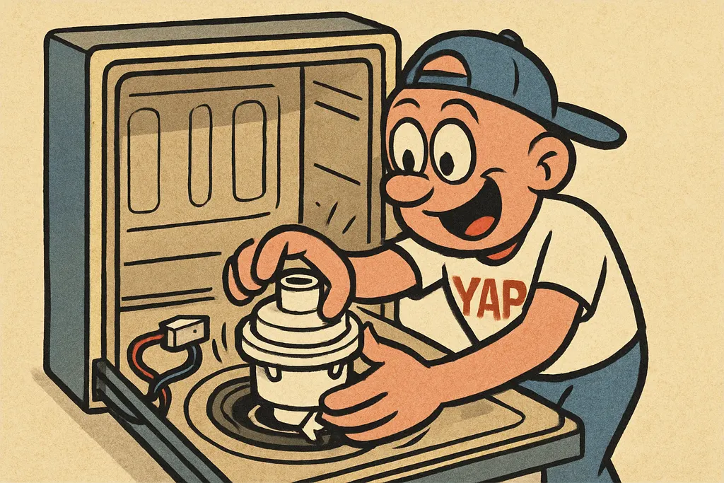 A pair of hands installing a brand-new white pump and motor assembly into the bo