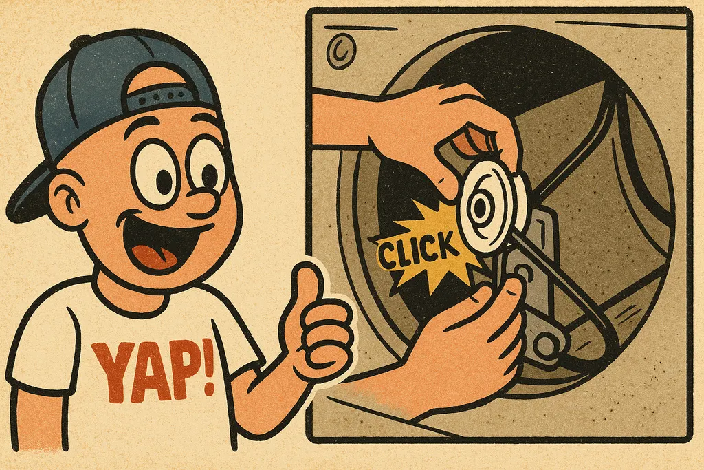 A cartoon action shot of a pair of hands snapping a brand-new idler pulley onto 