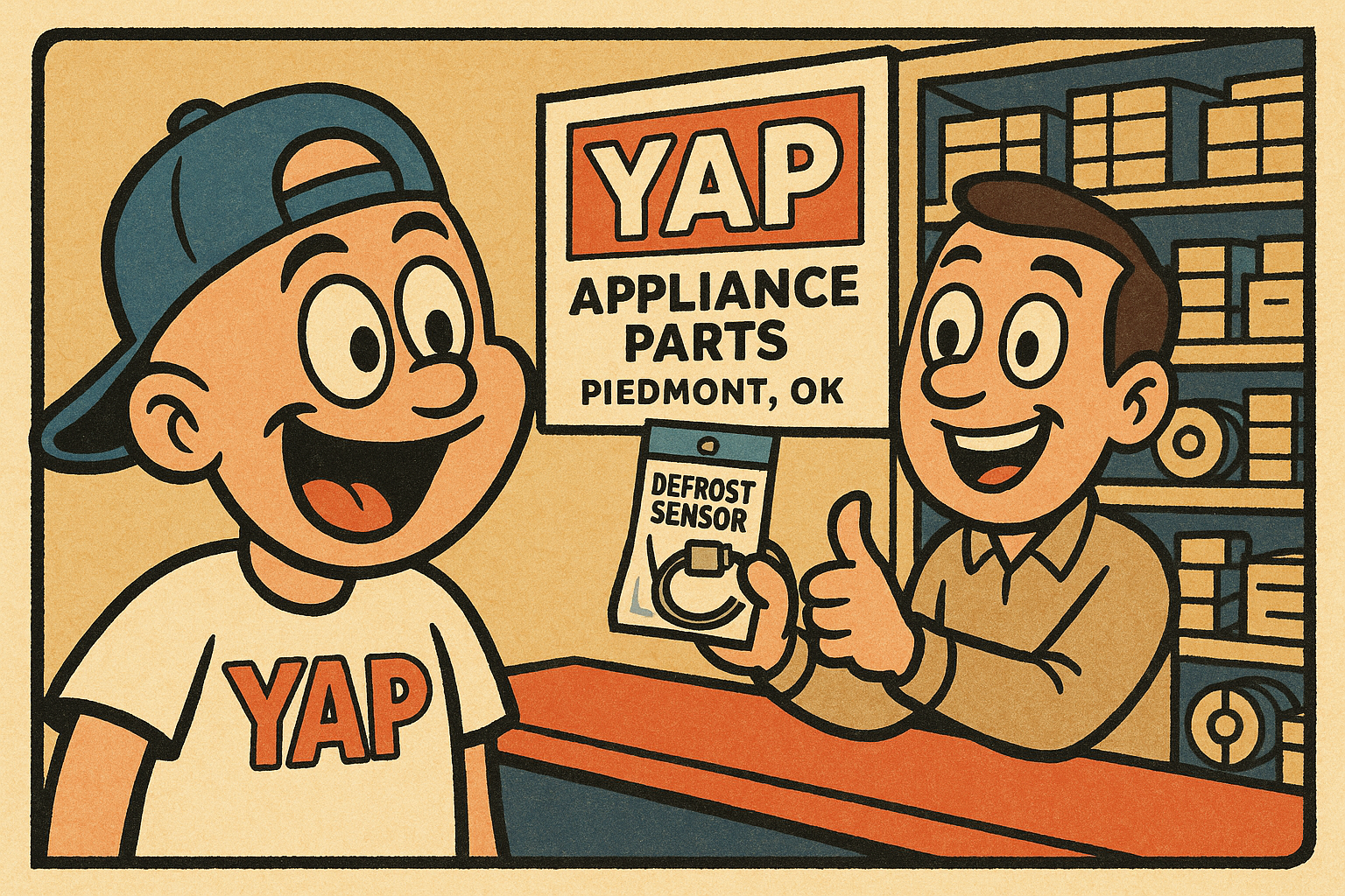 Cartoon scene inside the YAP appliance parts store in Piedmont, OK. YAP Dude is 