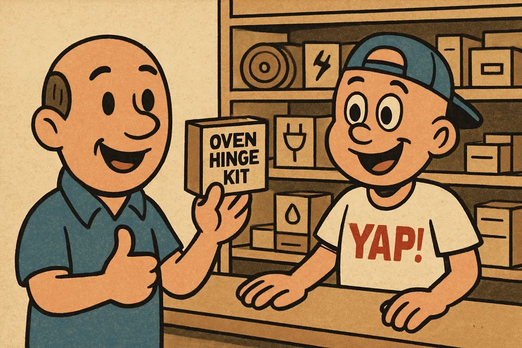 The interior of a bright, tidy appliance parts shop counter — a cheerful custome