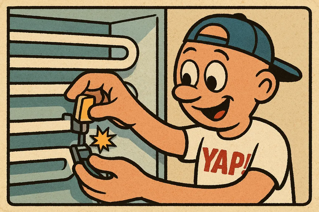 A cartoon action scene showing a pair of hands installing a small new defrost se