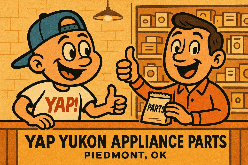 A cartoon scene inside a cozy appliance parts shop counter — a parts store count