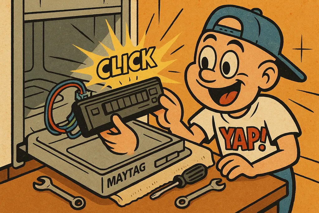 A cartoon scene of hands confidently snapping a brand-new control panel assembly