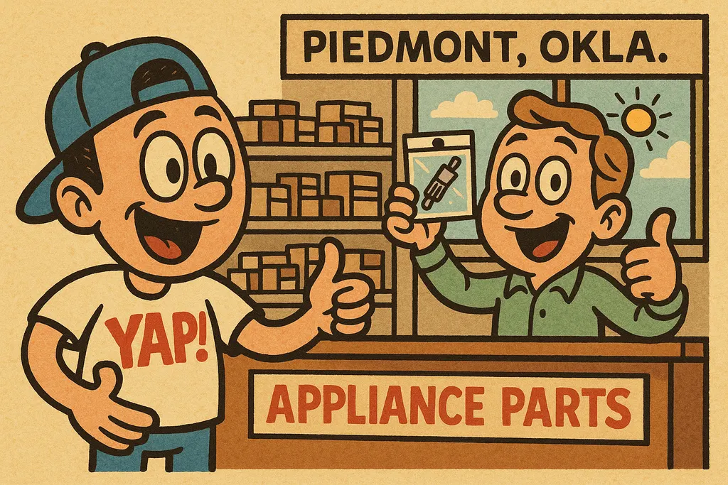 A cartoon scene of a happy customer at a bright, welcoming appliance parts store