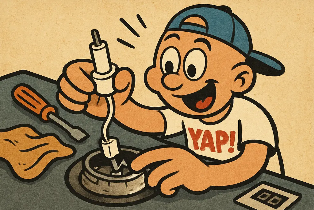 A cartoon action scene of hands installing a brand-new white ceramic igniter ont