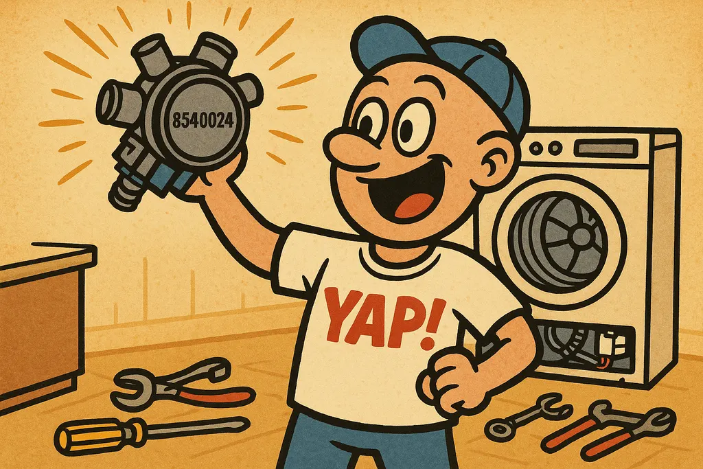 A cartoon action scene of a drain pump part labeled 8540024 being held up triump