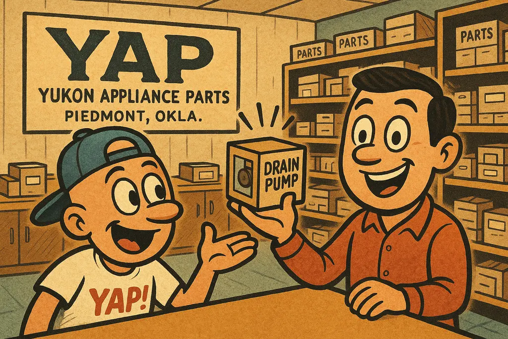 Inside a bright, organized appliance parts store counter in Piedmont, Oklahoma. 