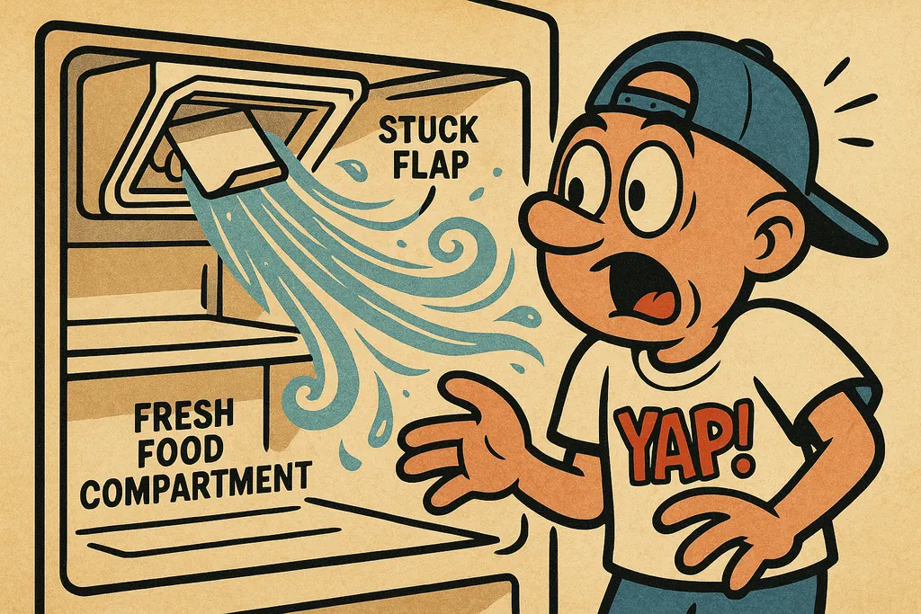 A detailed cartoon close-up of the inside top of a refrigerator fresh food compa