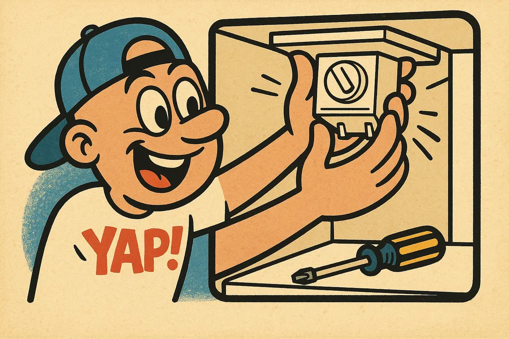 A cartoon action shot of a person's hands installing a brand-new damper control 