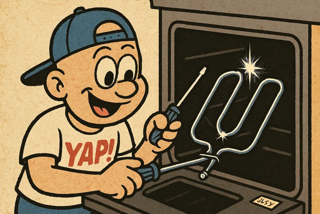 A pair of hands confidently installing a brand-new shiny bake heating element in
