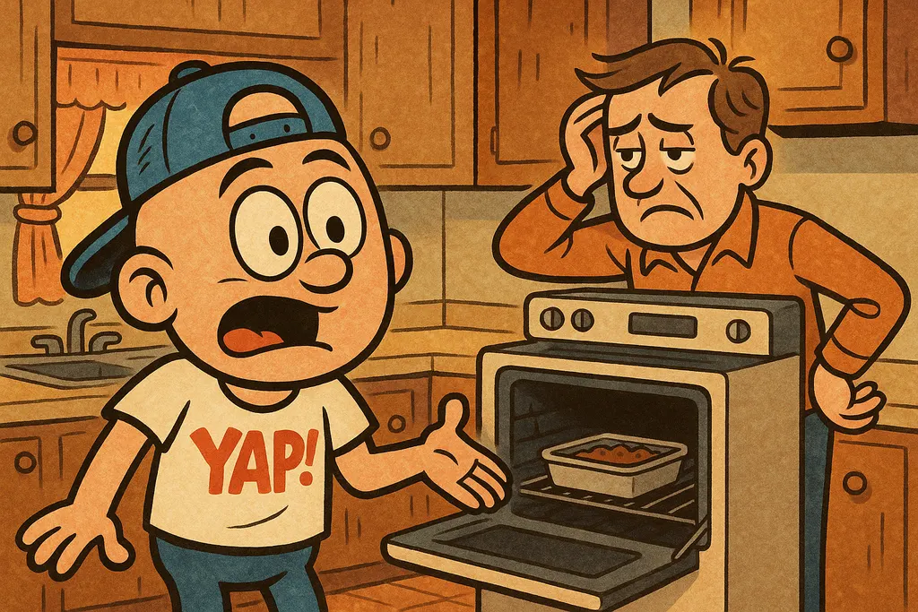 A frustrated homeowner in a kitchen standing in front of an open oven with a col