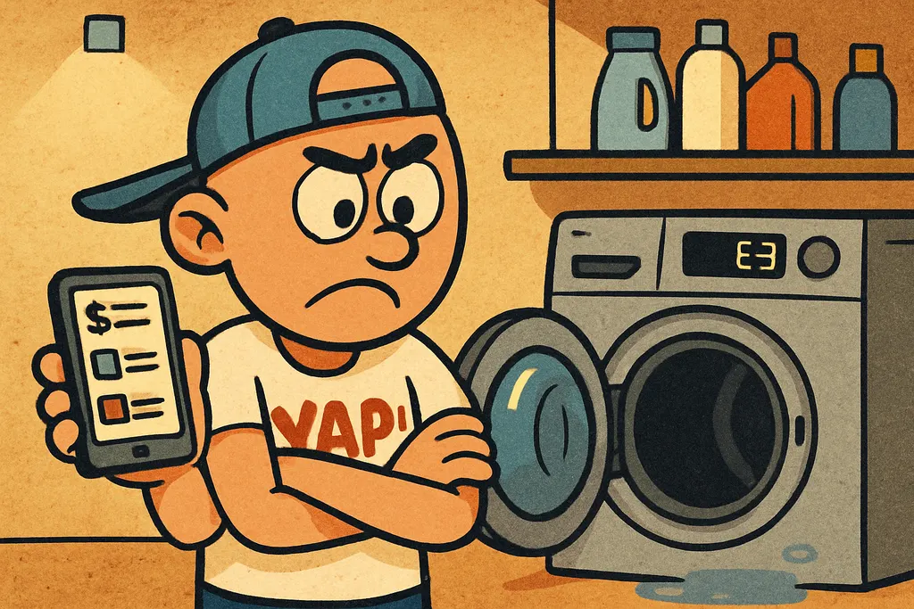 A frustrated person standing in a laundry room, arms crossed, staring at a Kitch