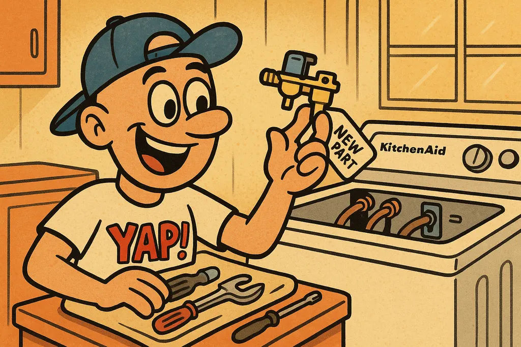 A cartoon scene of someone confidently replacing the water inlet valve on a Kitc