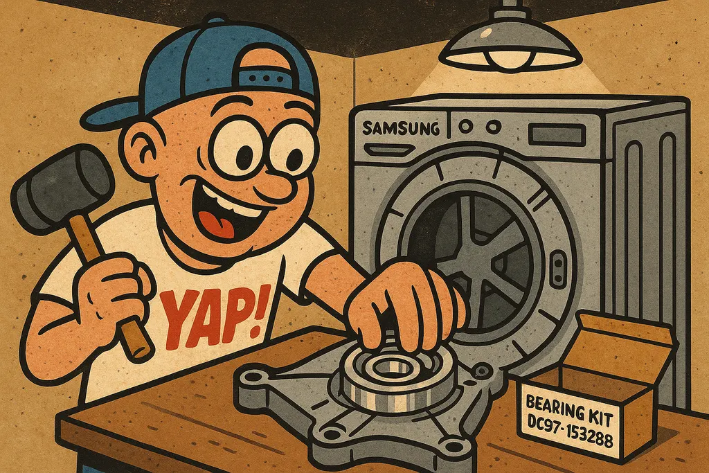 A cartoon action scene of hands carefully pressing a brand-new drum bearing into