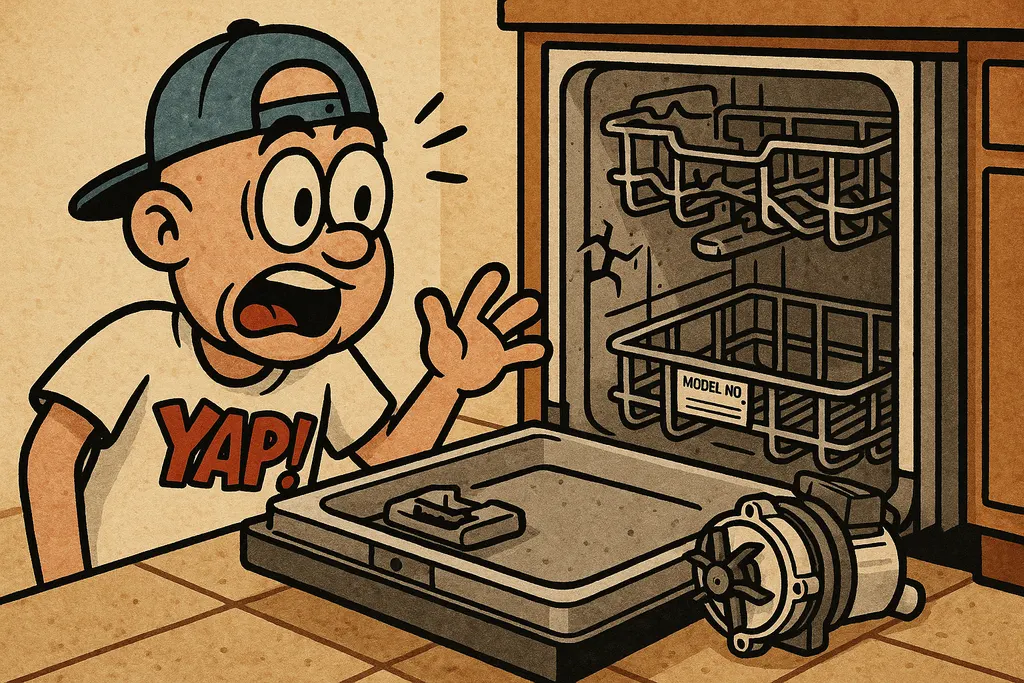 A close-up cartoon scene showing the underside of a KitchenAid dishwasher laid o