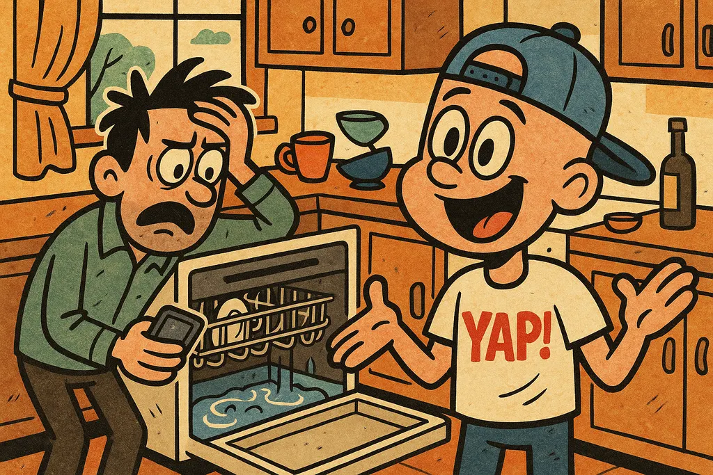 A frustrated homeowner standing in front of an open dishwasher with standing wat