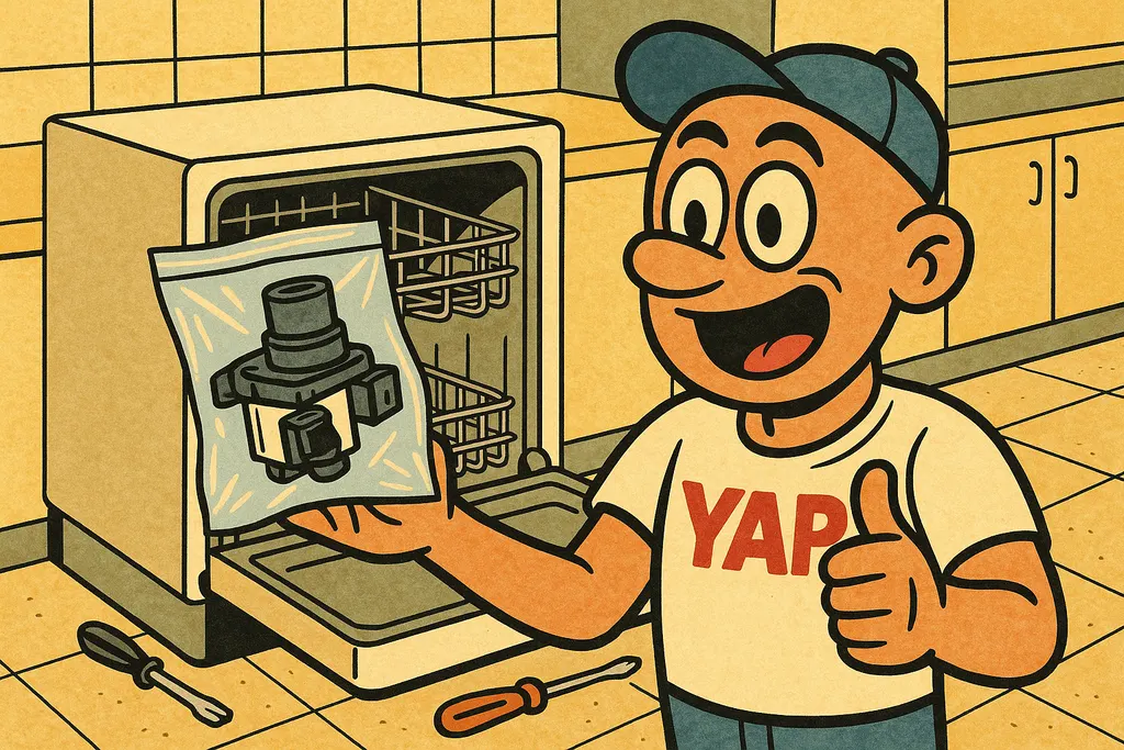 A person holding a brand-new OEM dishwasher part (a drain pump or door latch in 