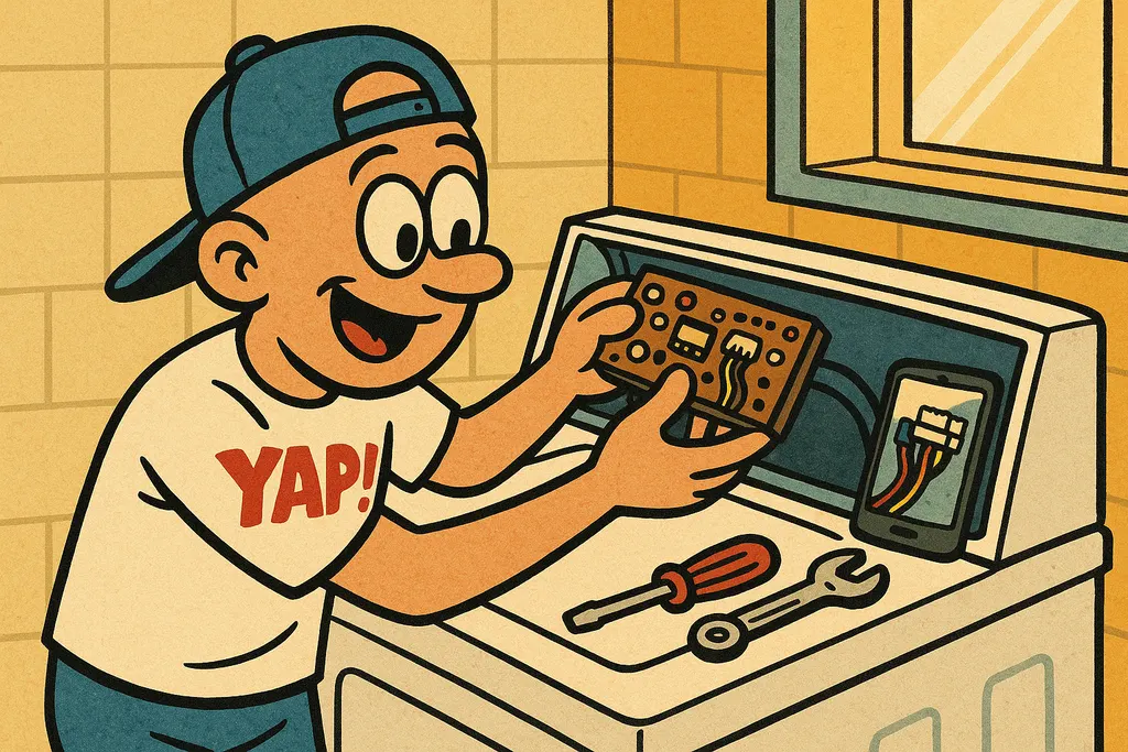 A cartoon action scene of a person confidently snapping a new control board into