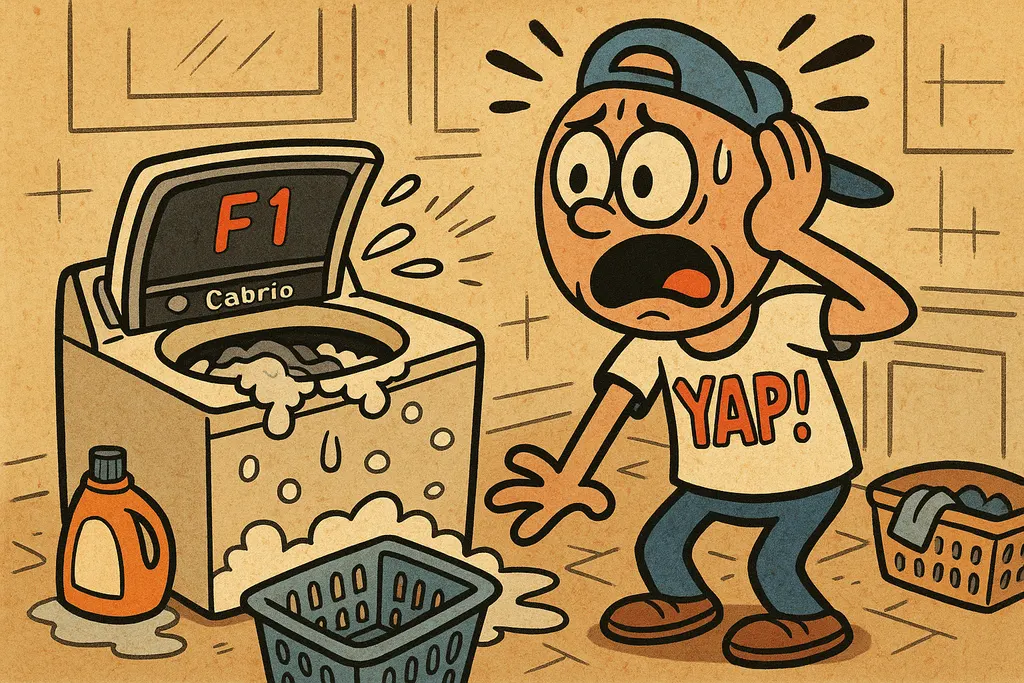 A cartoon scene of a frustrated person standing in a laundry room staring at a t