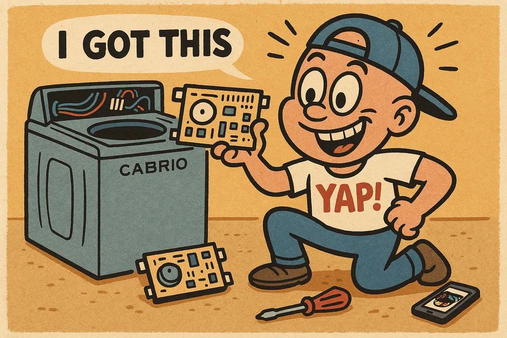A cartoon action scene of a person kneeling confidently in front of a Whirlpool 