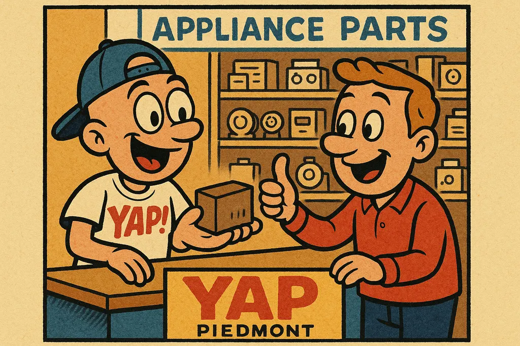 A cartoon scene inside a bright, friendly appliance parts store counter — the YA