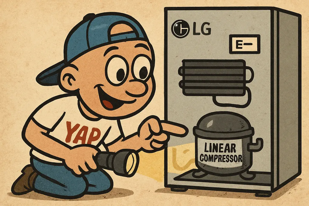 Cartoon scene of YAP Dude leaning around the back of an LG refrigerator that has