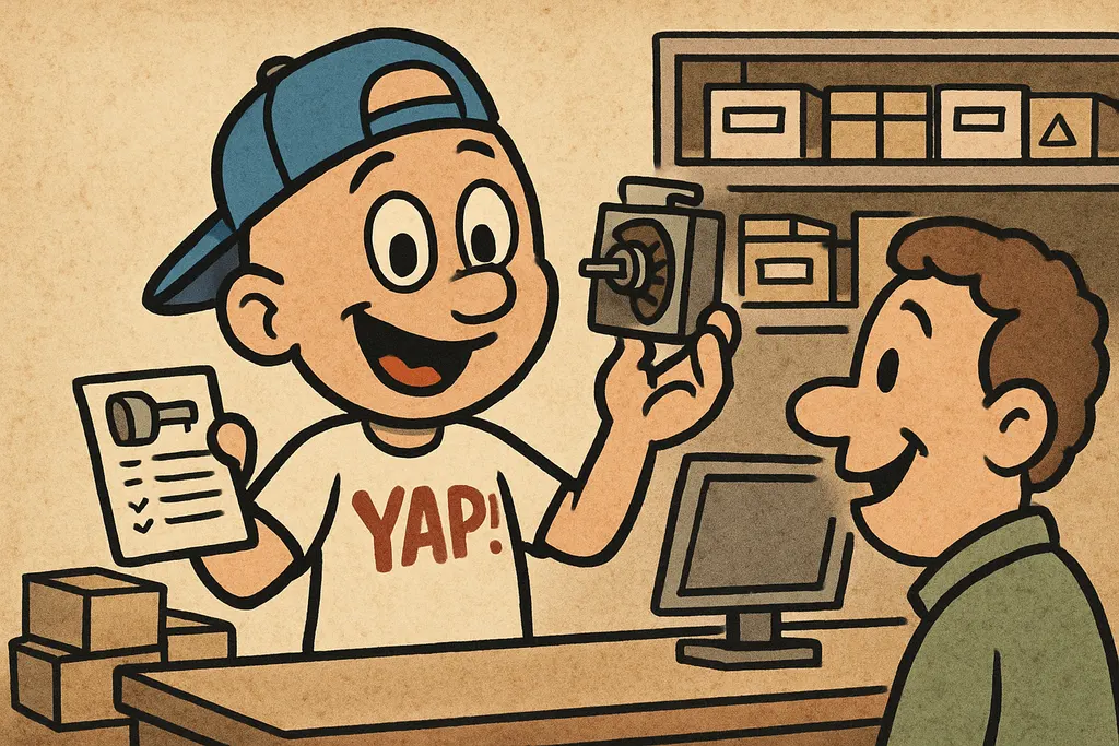 Cartoon scene inside the YAP shop in Piedmont, OK. YAP Dude stands at the parts 