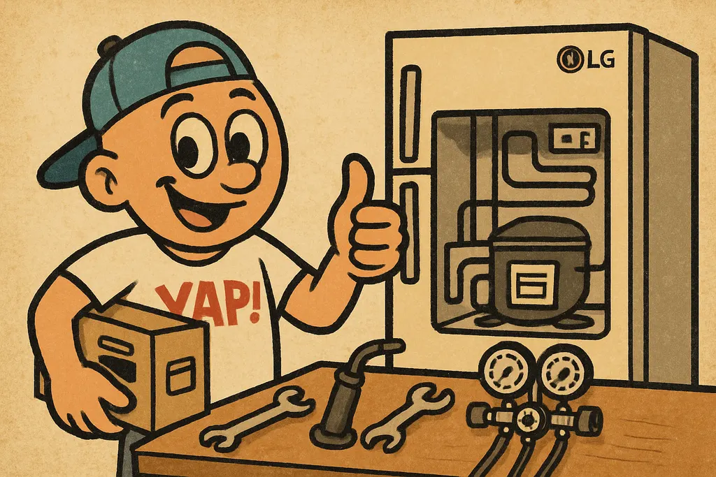 Cartoon scene of YAP Dude standing at a workbench next to an LG refrigerator wit