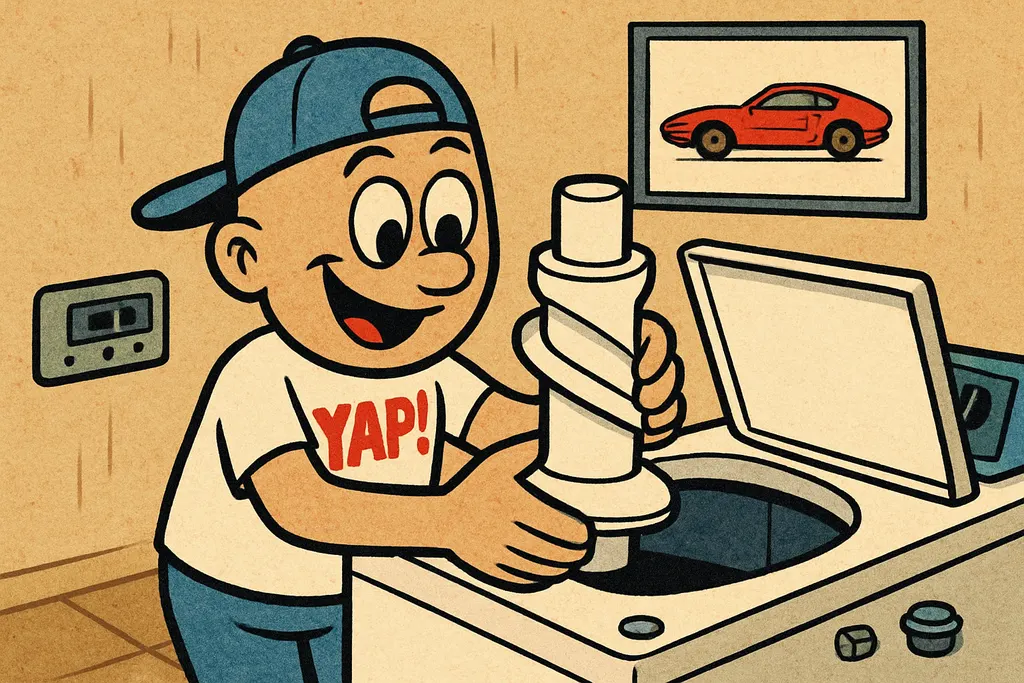 Cartoon scene of YAP Dude in a laundry room, kneeling beside a top-load washer w