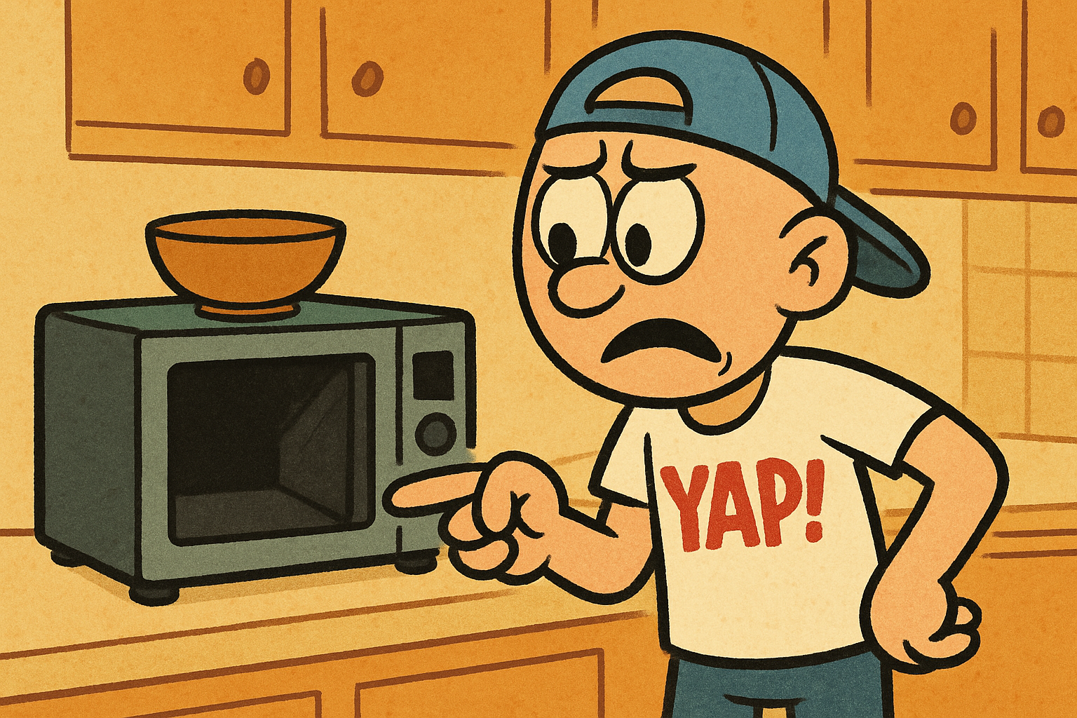 Cartoon scene inside a home kitchen at dinnertime. YAP Dude is standing in front