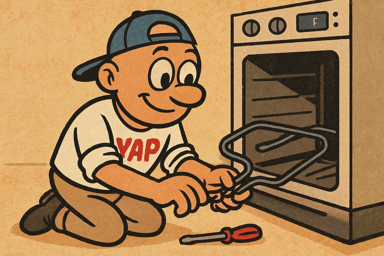 Cartoon scene in a home kitchen. YAP Dude is kneeling in front of the open oven,