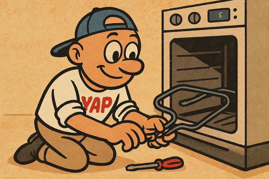 Cartoon scene in a home kitchen. YAP Dude is kneeling in front of the open oven,