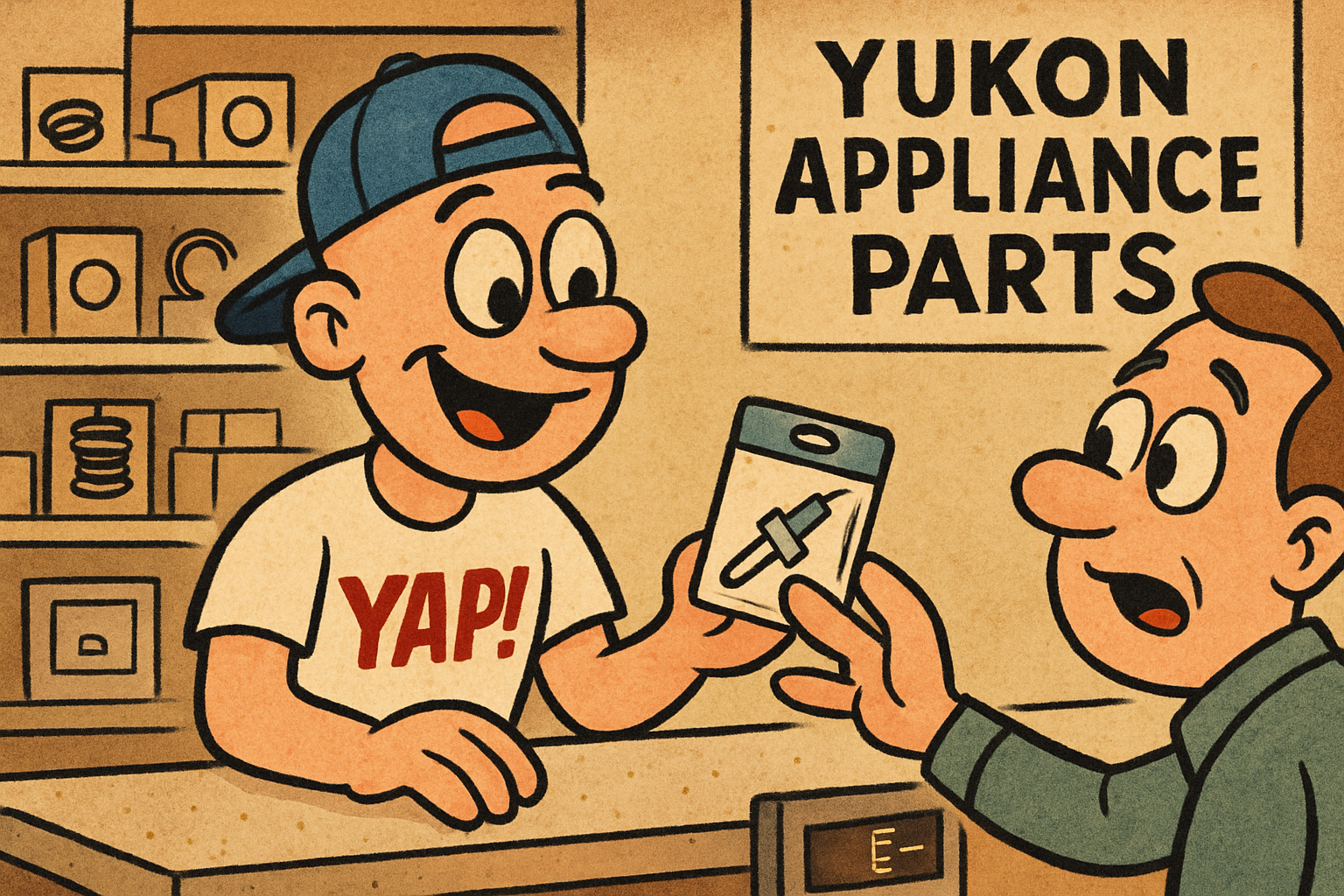 Cartoon scene inside the YAP appliance parts shop in Piedmont, OK. YAP Dude is s