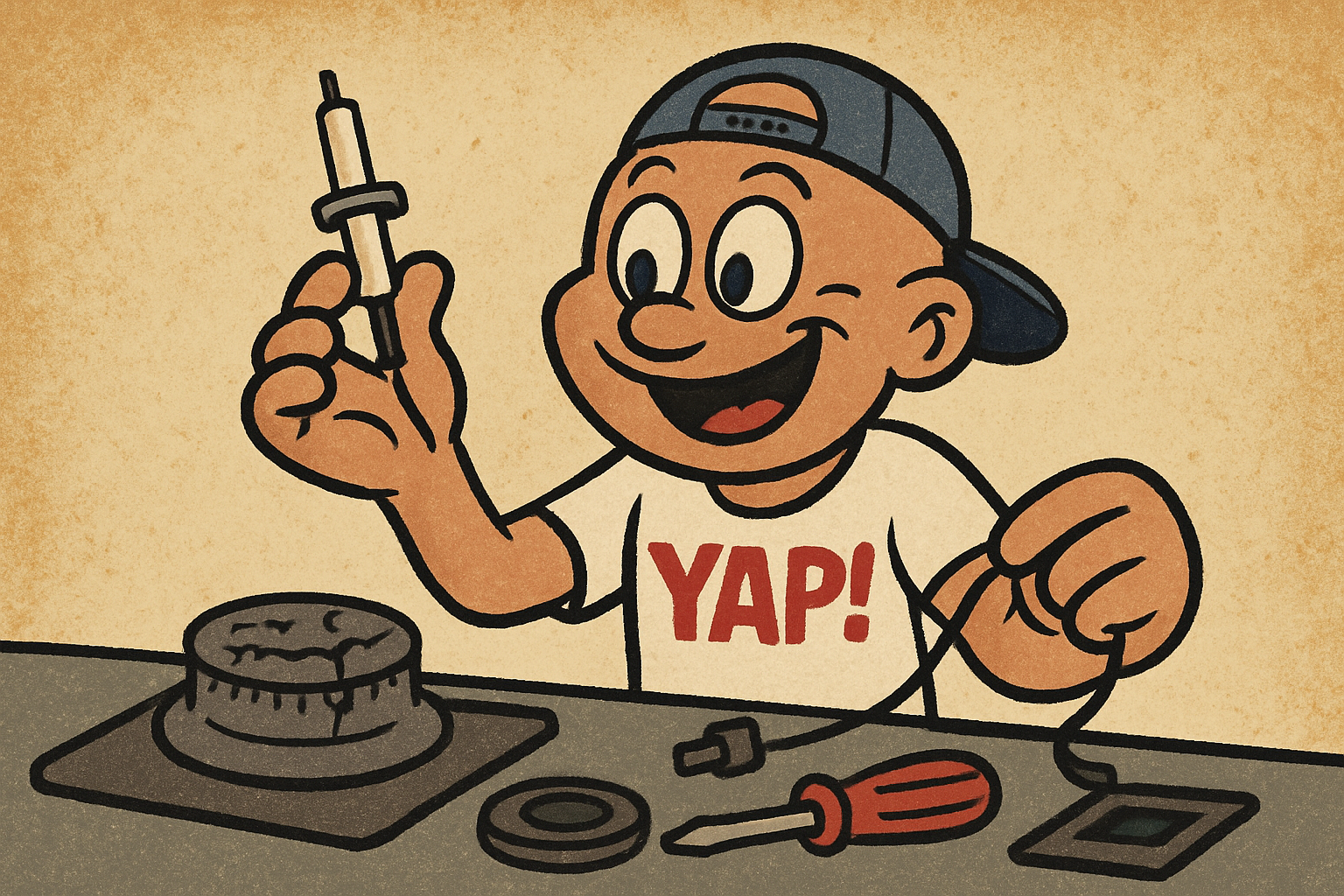Cartoon scene at a kitchen counter. YAP Dude is holding up a brand-new gas stove